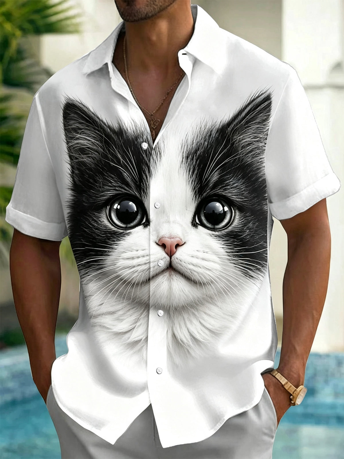 Cat Print Men's Pocket Short Sleeve Shirts