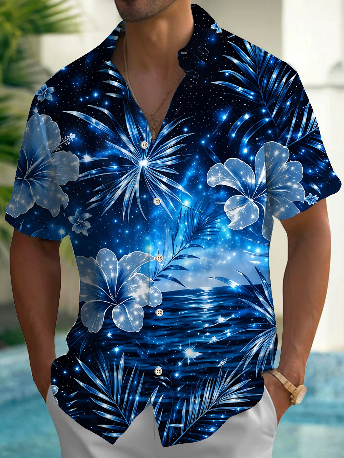 Adaychic Men's Hawaiian Floral Blue Hibiscus Galaxy Tropical Print Short Sleeve Button Down Shirt with Chest Pocket