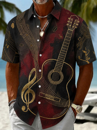 Adaychic Men's Acoustic Guitar Musical Note Graphic Print Short Sleeve Button Down Shirt with Chest Pocket