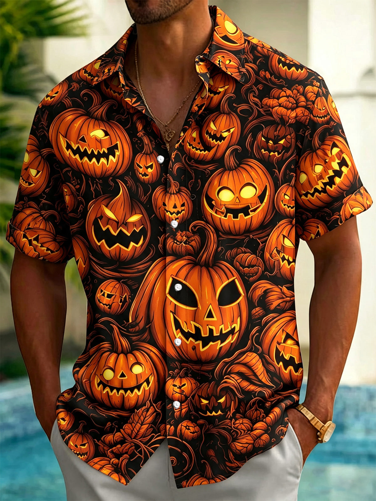 Adaychic Men's Graphic Jack-o'-lantern Pumpkin Pattern Print Short Sleeve Button Down Shirt with Chest Pocket