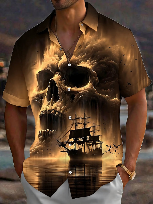 Skull Pirate Ship Print Men's Pocket Short Sleeve Shirts