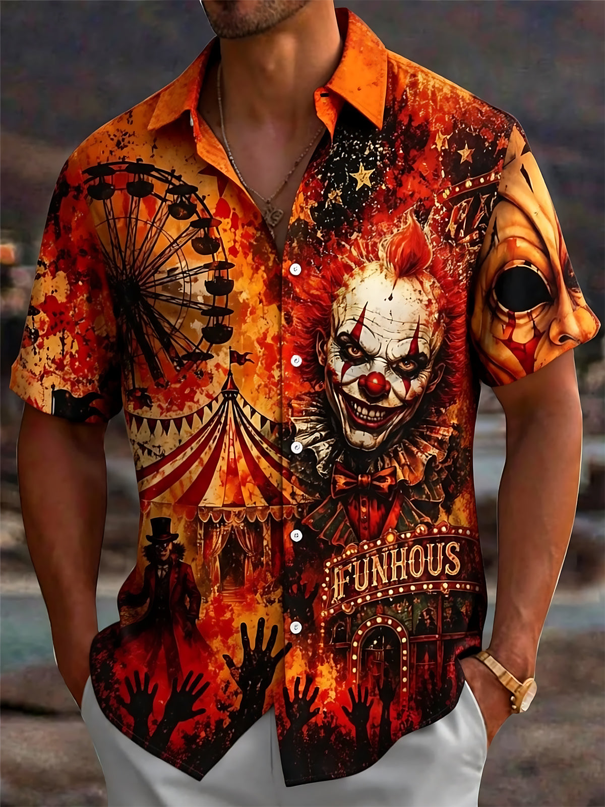 Adaychic Men's Scary Clown Circus Graphic Print Short Sleeve Button Down Shirt with Chest Pocket
