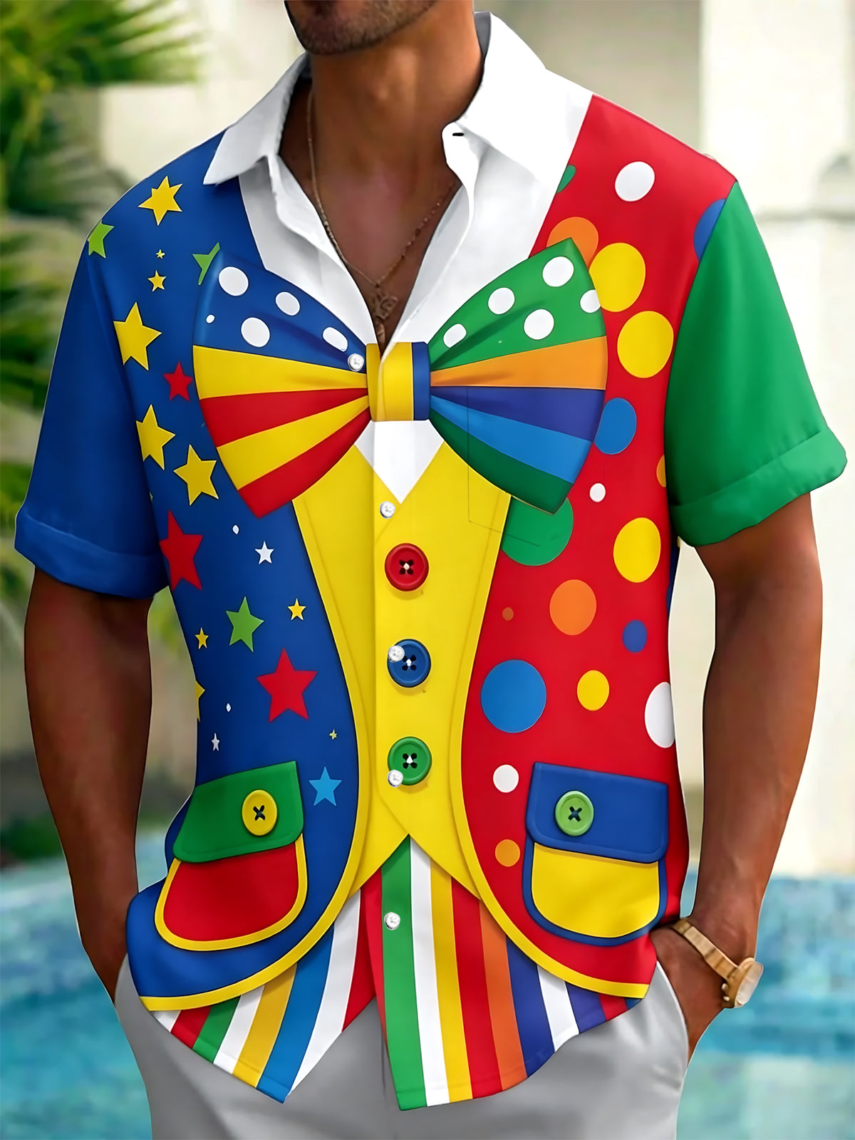 Adaychic Men's Clown Costume Graphic Print Short Sleeve Button Down Shirt with Chest Pocket