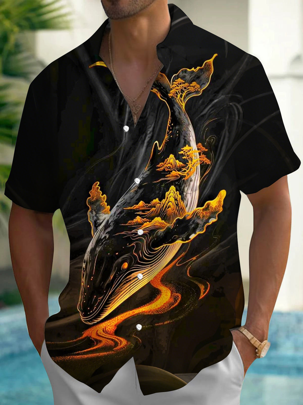 Adaychic Men's Whale Mountain Graphic Print Short Sleeve Button Down Shirt with Chest Pocket