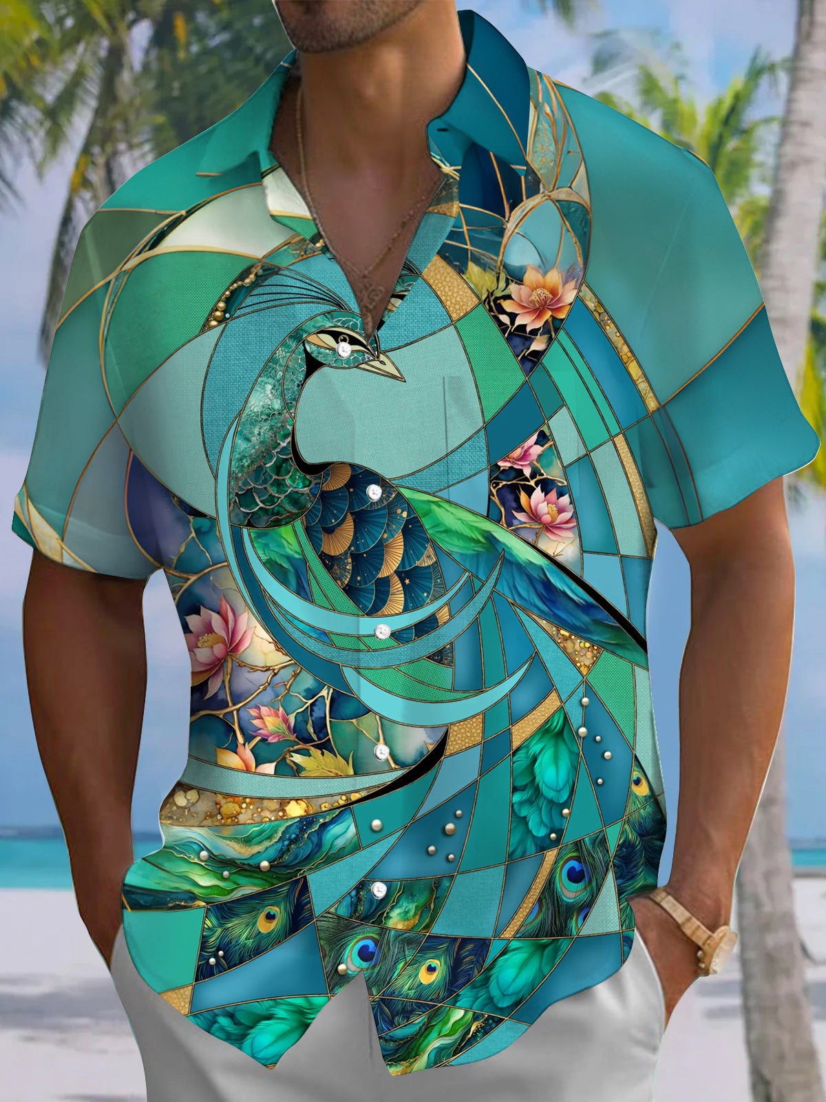 Adaychic Men's Graphic Floral Peacock Stained Glass Mosaic Print Short Sleeve Button Down Shirt with Chest Pocket