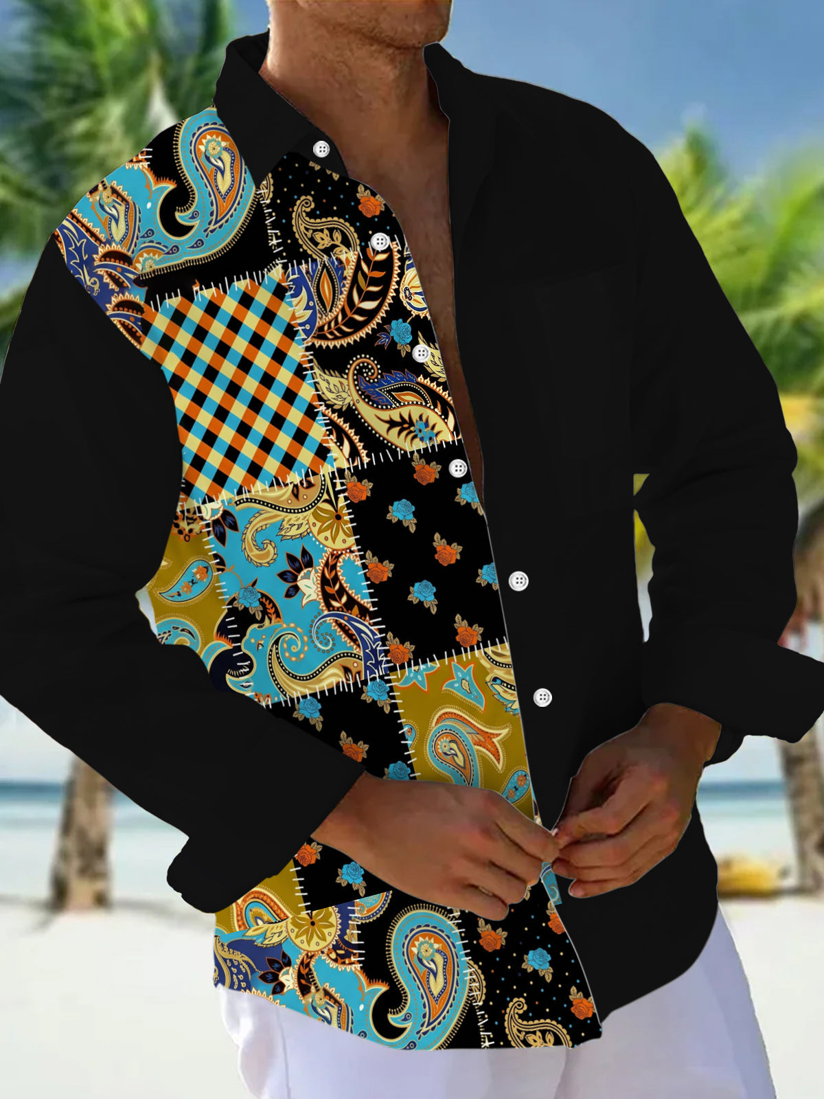 Adaychic Men's Graphic Floral Paisley Patchwork Pattern Print Long Sleeve Button Down Shirt with Chest Pocket