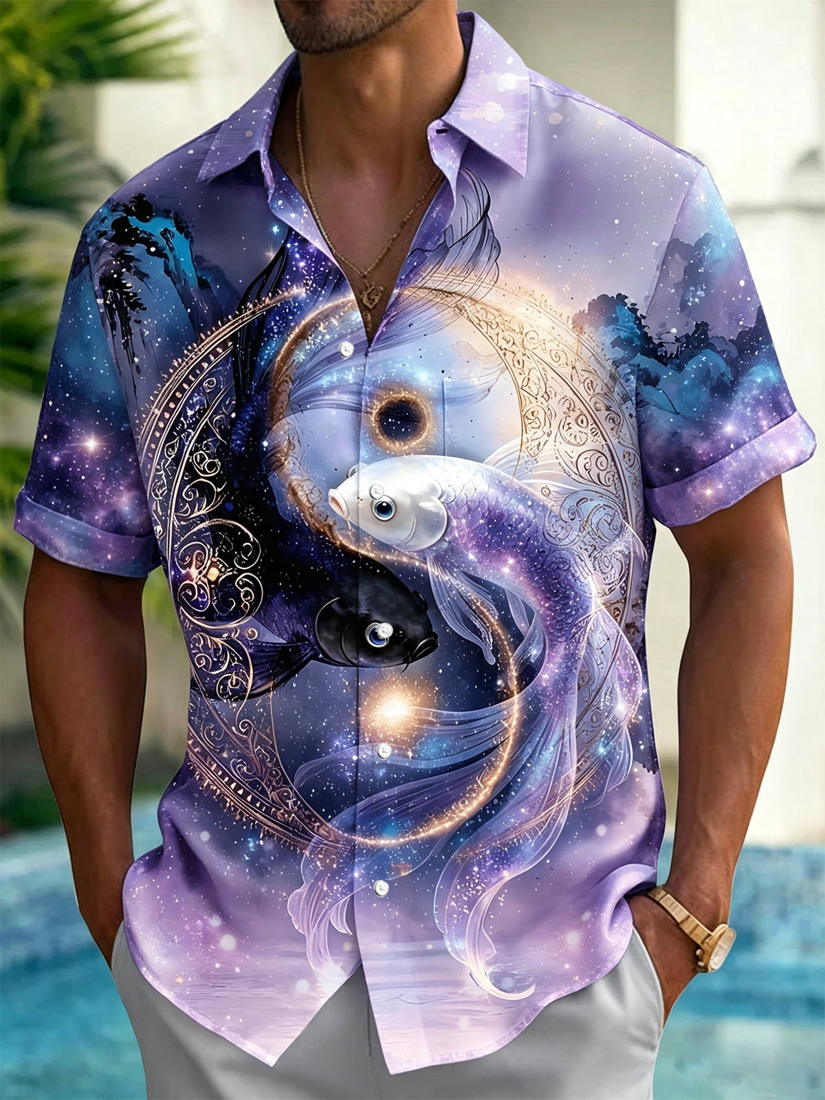 Adaychic Men's Graphic 3D Galaxy Koi Fish Yin Yang Print Short Sleeve Button Down Shirt with Chest Pocket