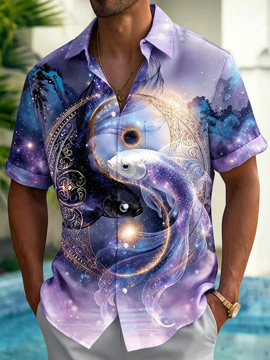 Tai Ji Yin Yang Koi Print Men's Pocket Short Sleeve Shirts