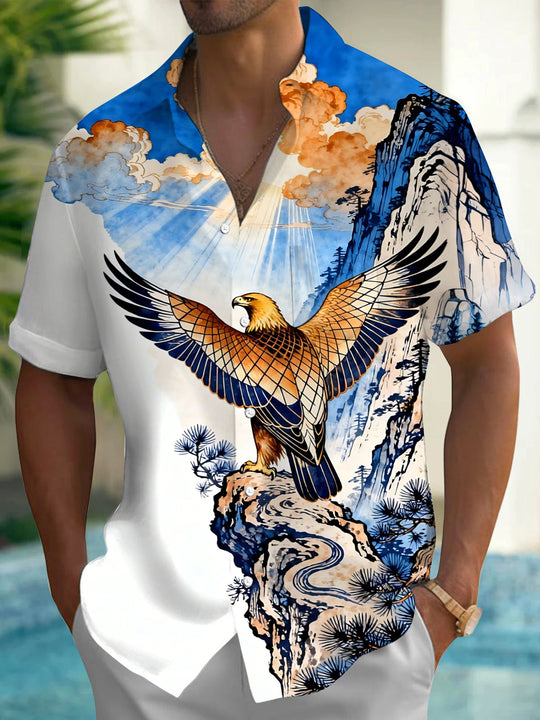 Eagle Print Men's Pocket Short Sleeve Shirts