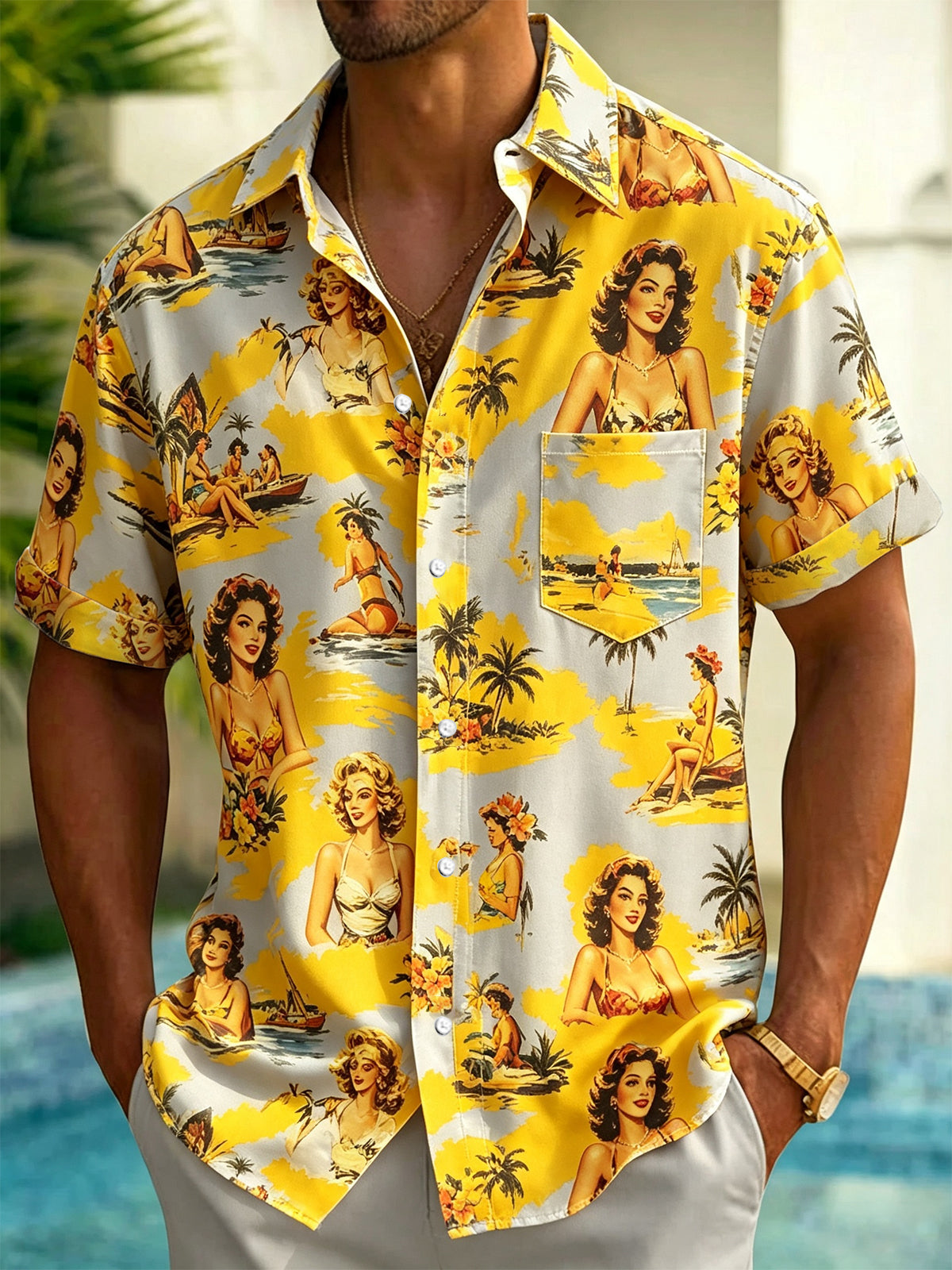 Adaychic Retro Pin-up Girl Tropical Print Short Sleeve Button Down Shirt with Chest Pocket