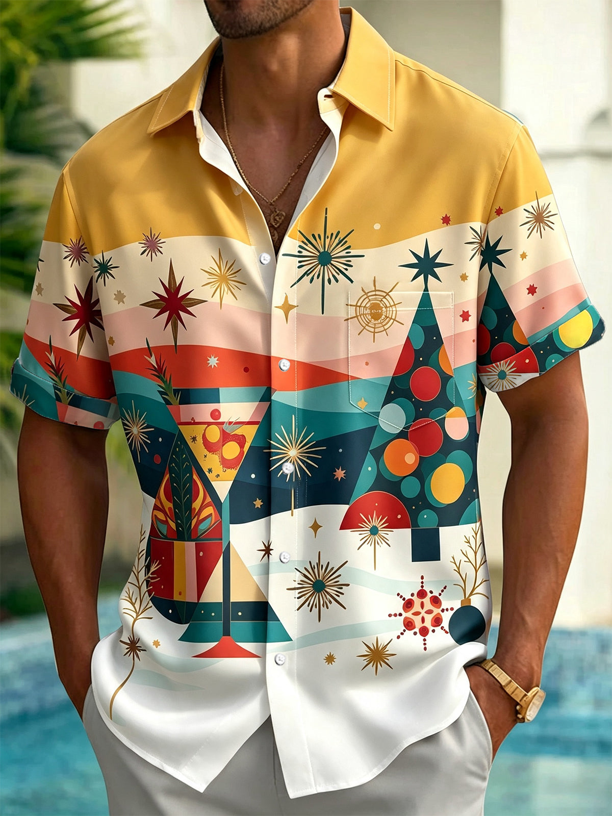 Adaychic Men's Vintage Style Abstract Geometric Retro Christmas Tree Print Short Sleeve Button Down Shirt with Chest Pocket