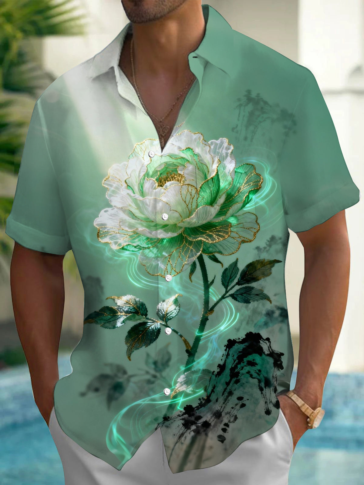Peony Print Men's Pocket Short Sleeve Shirts