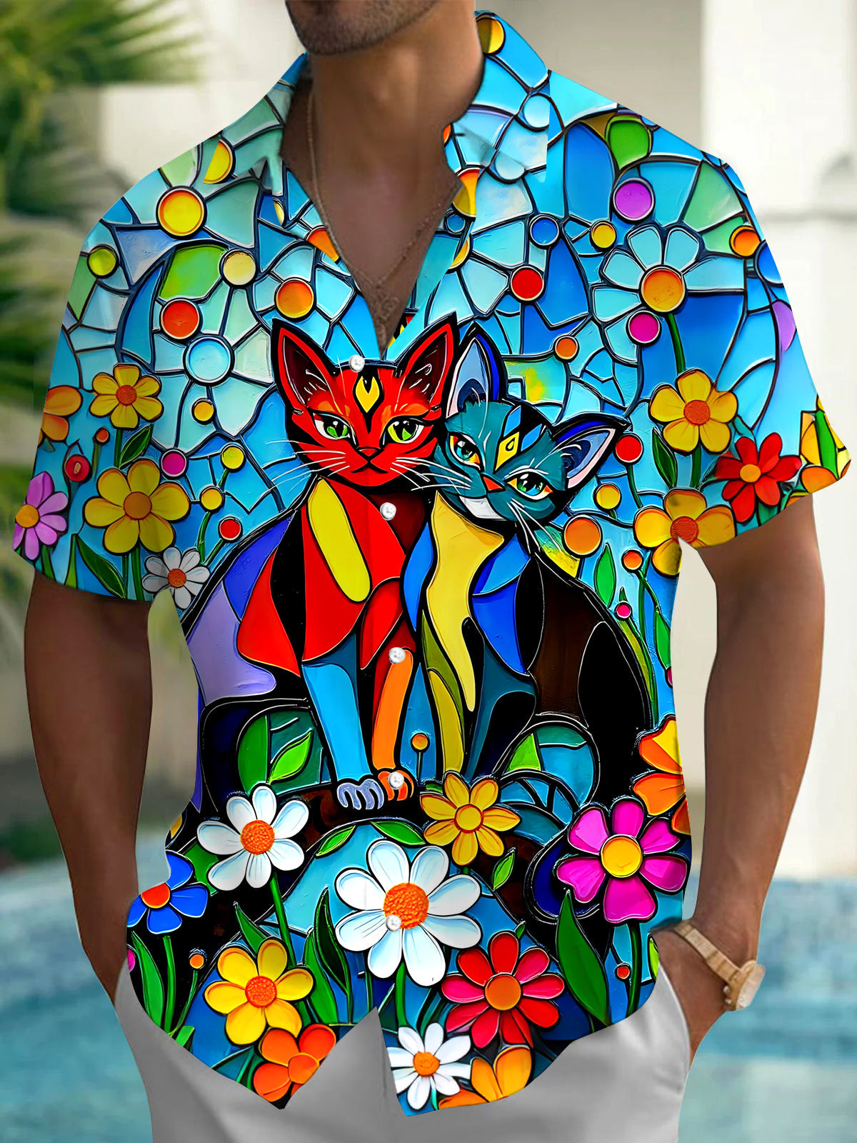 Cat Floral Print Men's Pocket Short Sleeve Shirts