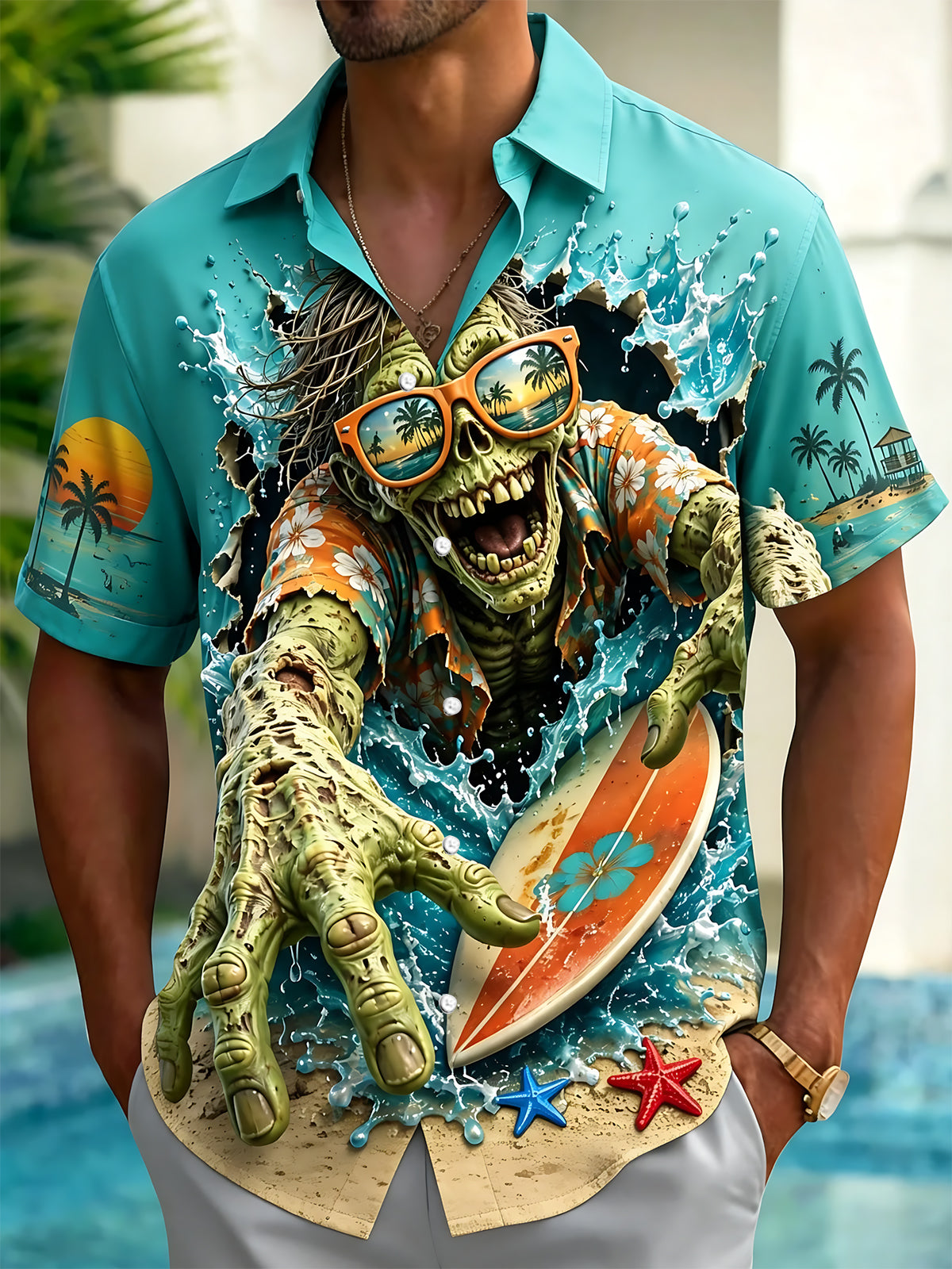 Adaychic Men's Hawaiian 3D Zombie Surfer Graphic Print Short Sleeve Button Down Shirt with Chest Pocket