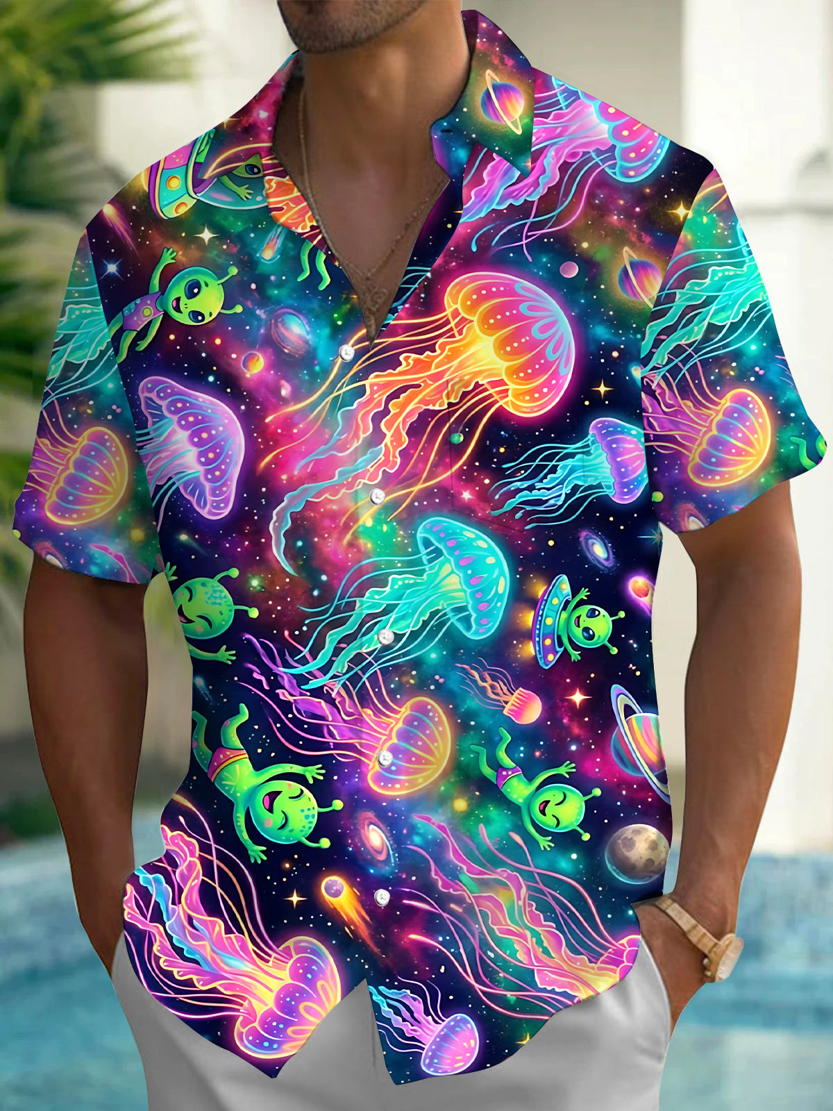 Adaychic Men's Graphic Neon Space Jellyfish Print Short Sleeve Button Down Shirt with Chest Pocket