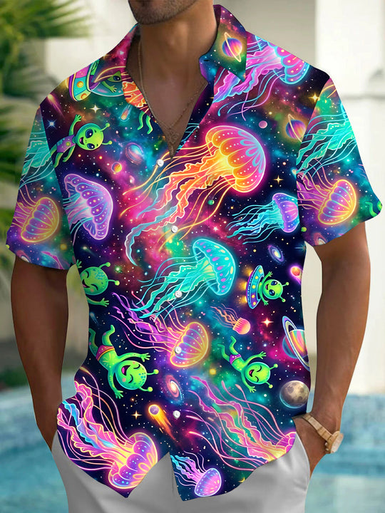 Starry Sky Alien Jellyfish Print Men's Pocket Short Sleeve Shirts