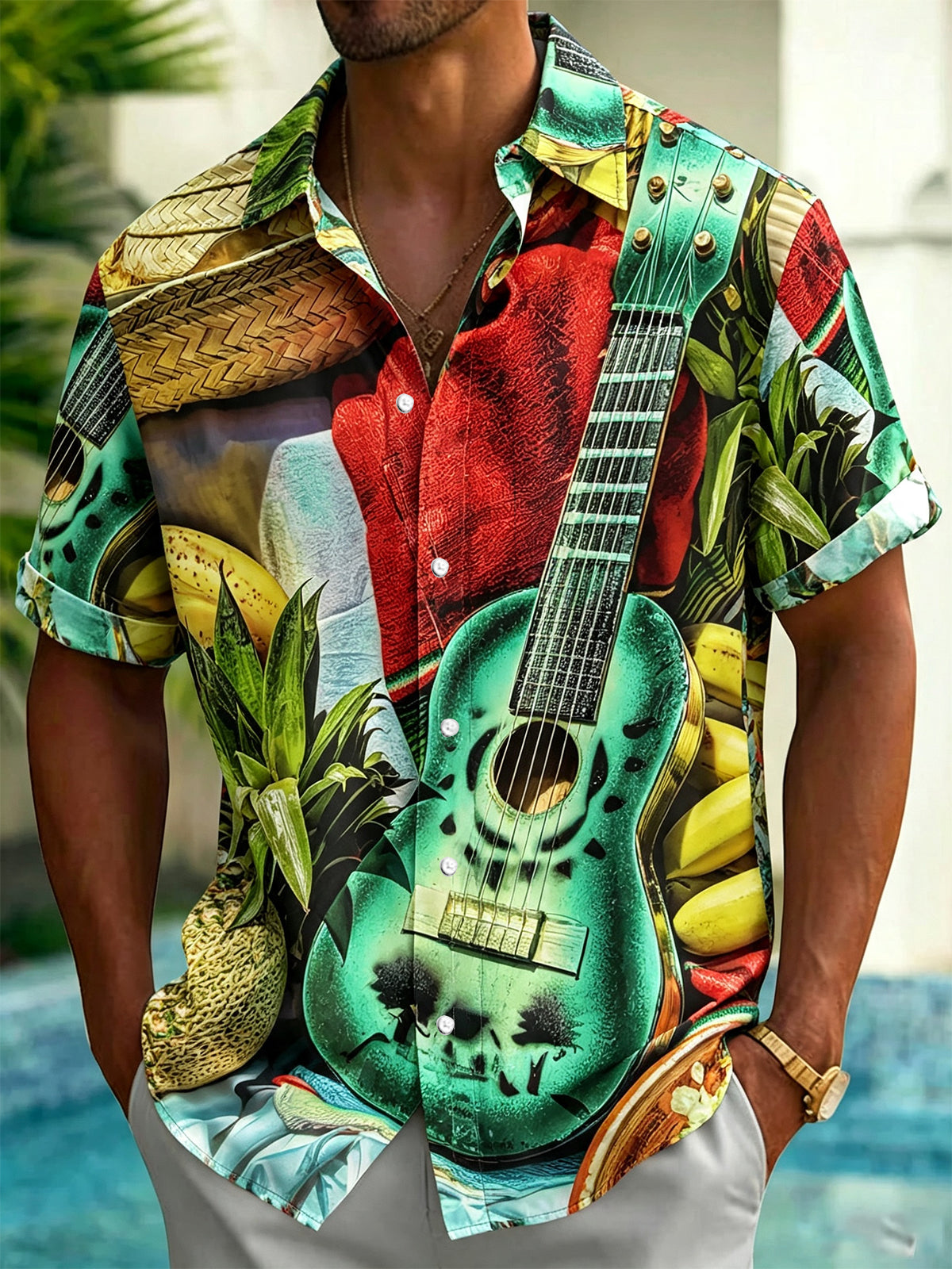 Guitar Fruit Print Men's Pocket Short Sleeve Shirts