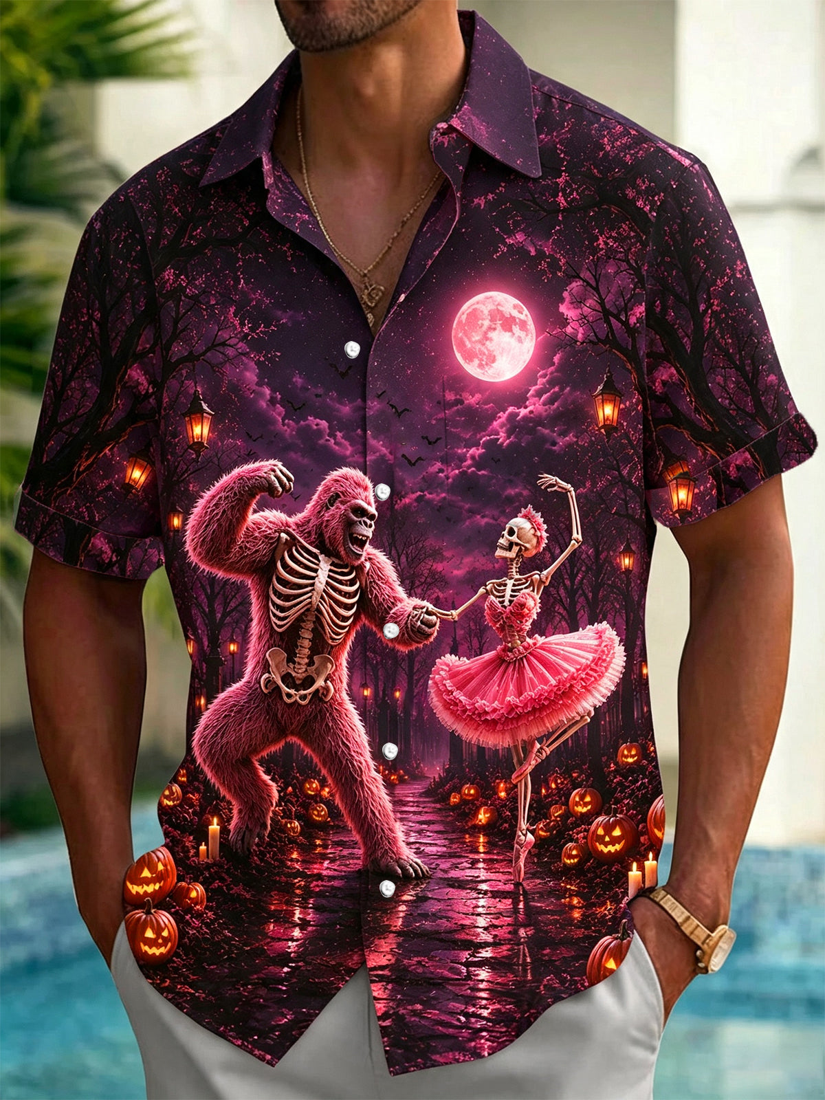 Adaychic Men's Graphic 3D Skeleton Bigfoot Ballerina Halloween Print Short Sleeve Button Down Shirt with Chest Pocket