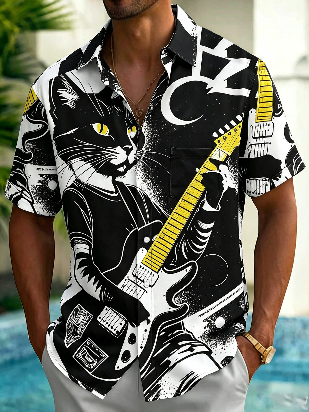 Adaychic Men's Graphic Cat Playing Electric Guitar Print Short Sleeve Button Down Shirt with Chest Pocket