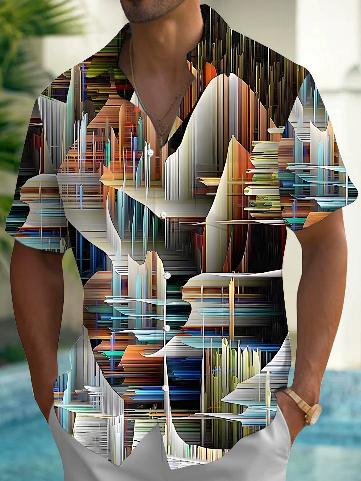 Abstract Geometric Line Print Men's Pocket Short Sleeve Shirts