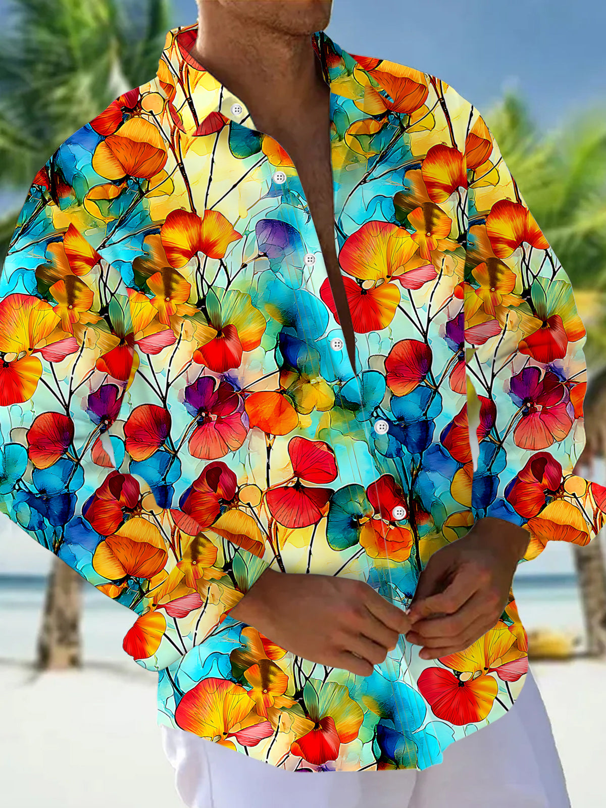 Floral Print Men's Pocket Long Sleeve Shirts