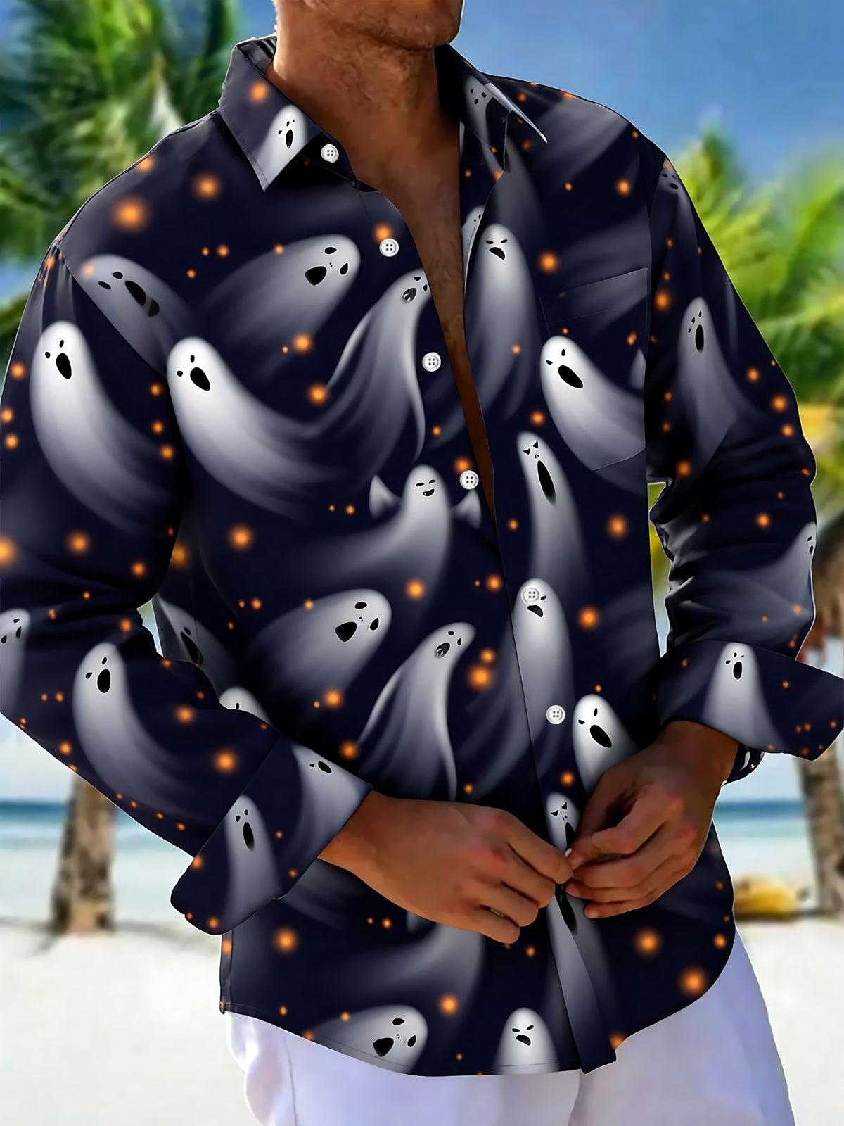 Halloween Ghost Print Men's Pocket Long Sleeve Shirts