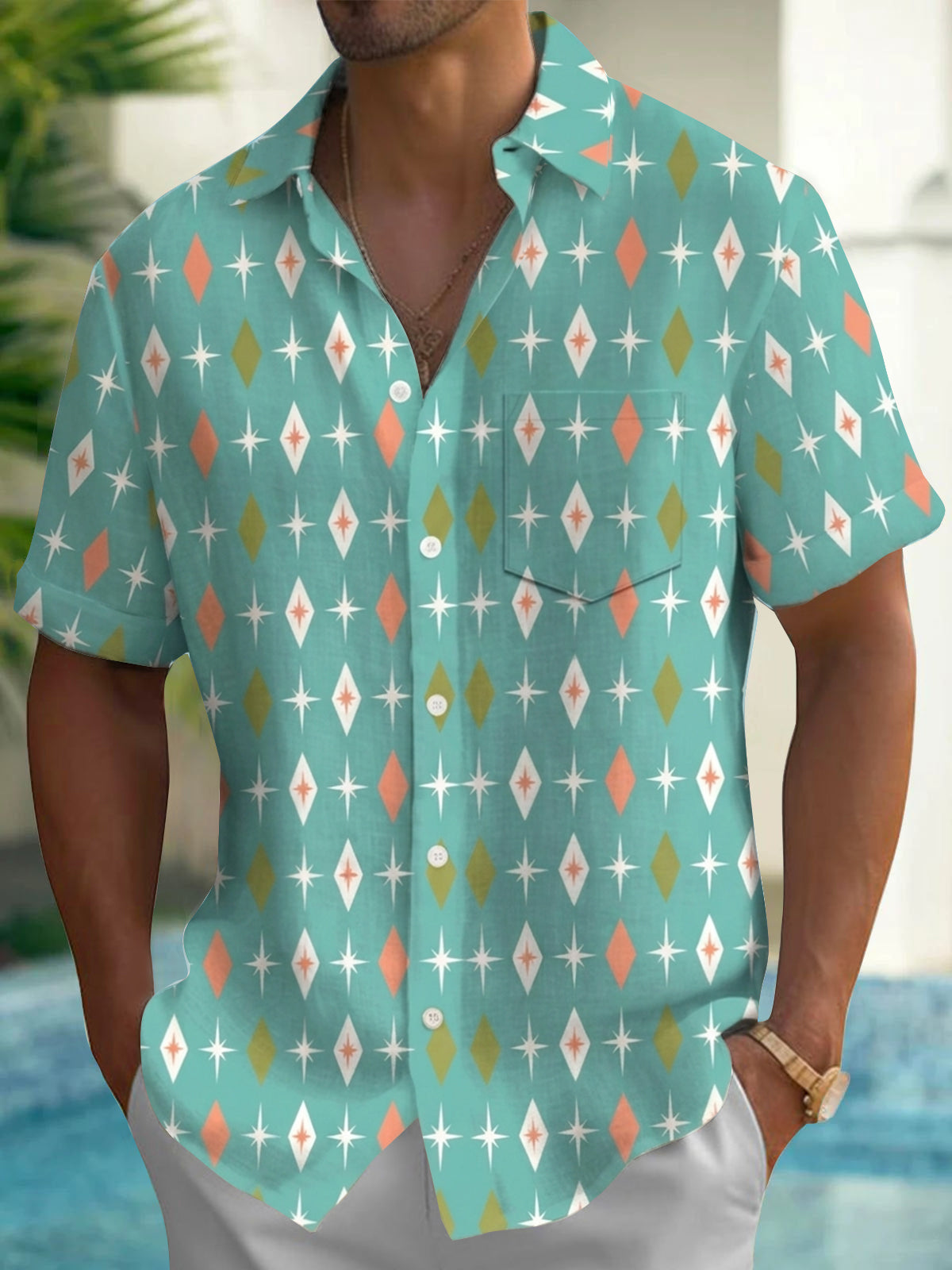 Adaychic Men's Geometric Diamond Star Print Short Sleeve Button Down Shirt with Chest Pocket