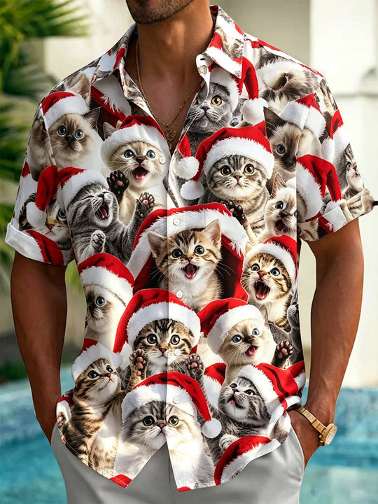 Christmas Cat Print Men's Pocket Short Sleeve Shirts