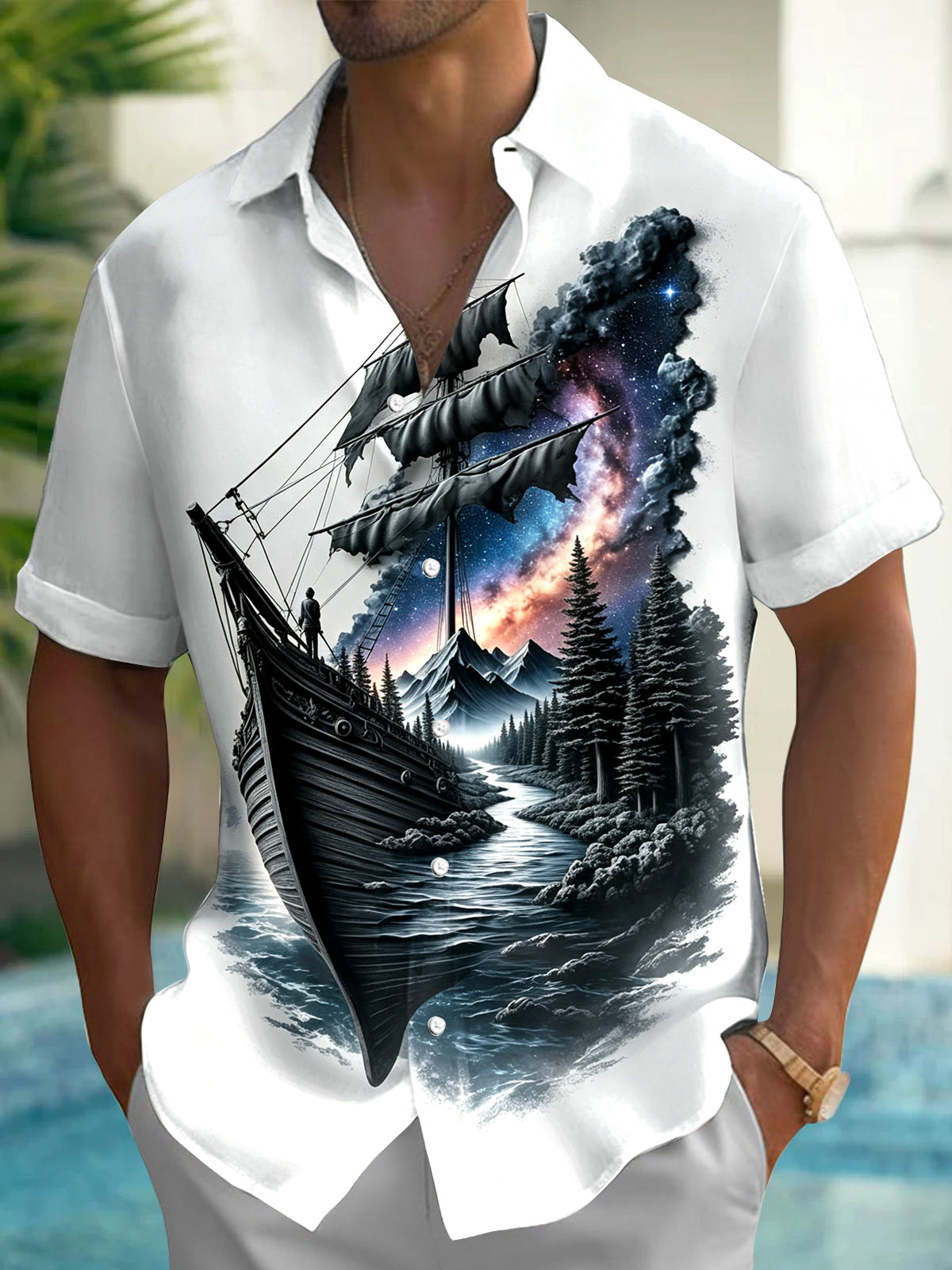 Adaychic Men's Ship Landscape Graphic Short Sleeve Button Down Shirt with Chest Pocket