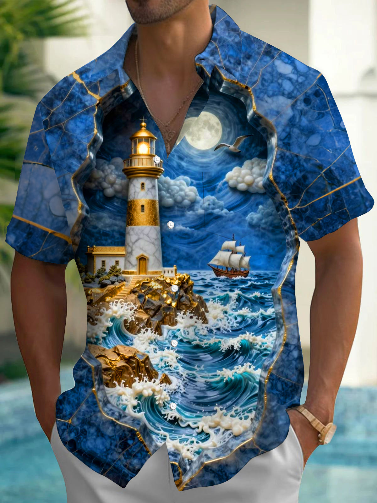Adaychic Men's Lighthouse Moon Graphic Short Sleeve Button Down Shirt with Chest Pocket