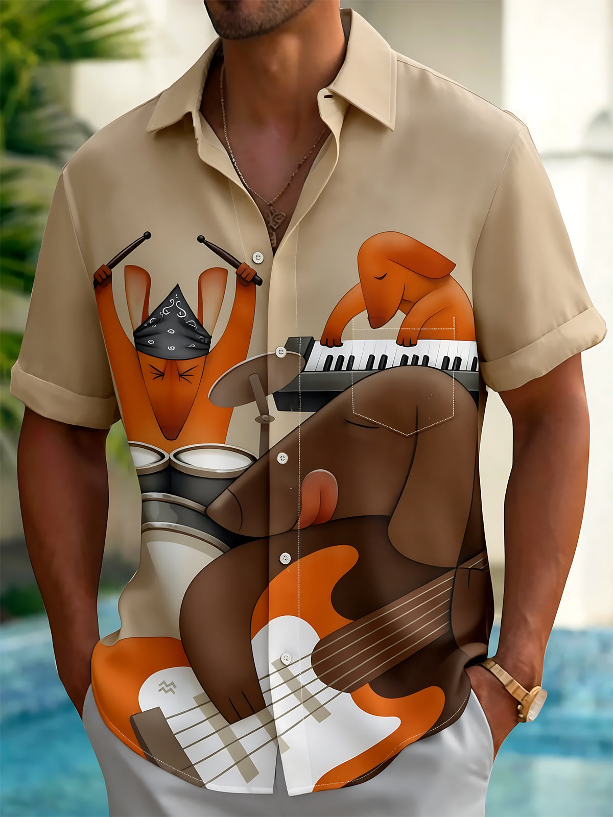 Adaychic Men's Dog Musician Graphic Short Sleeve Button Down Shirt with Chest Pocket