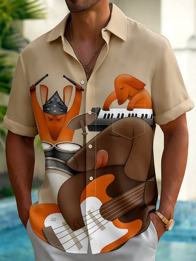 Dachshund Rock Band Print Men's Pocket Short Sleeve Shirts