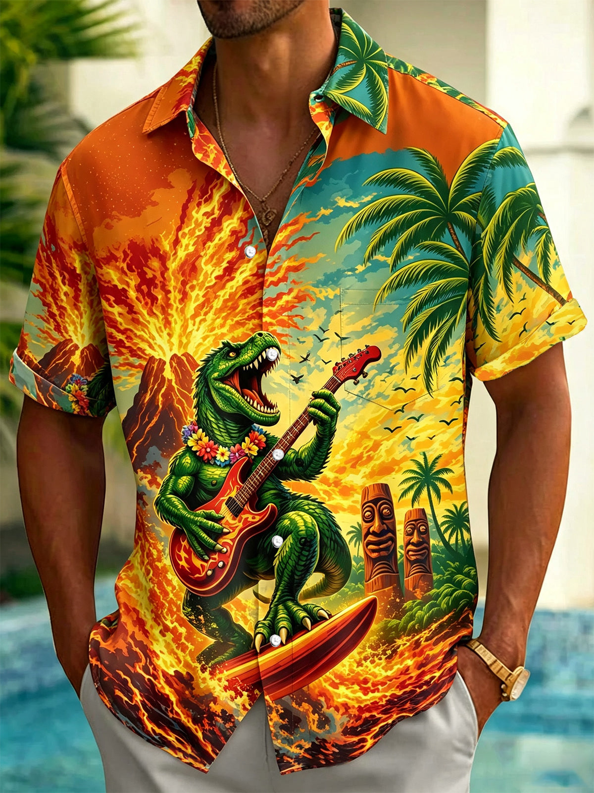 Adaychic Men's Tropical Dinosaur Guitar Print Short Sleeve Button Down Shirt with Chest Pocket
