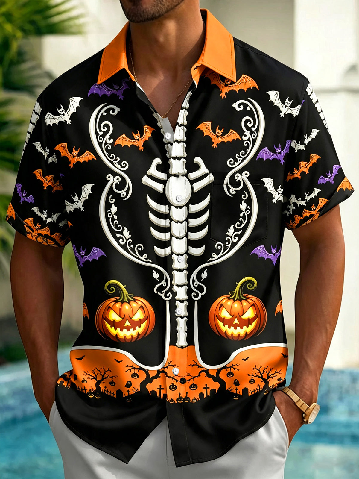 Adaychic Men's Skeleton Pumpkin Graphic Short Sleeve Button Down Shirt with Chest Pocket