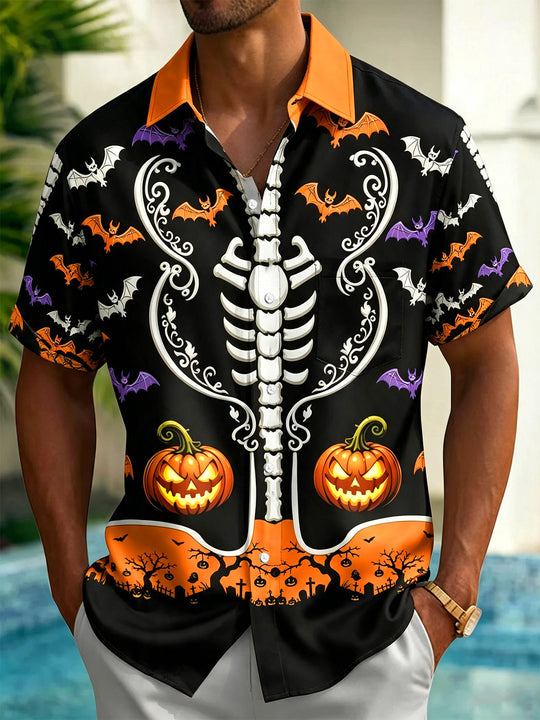 Halloween Skull Pumpkin Bat Print Men's Pocket Short Sleeve Shirts