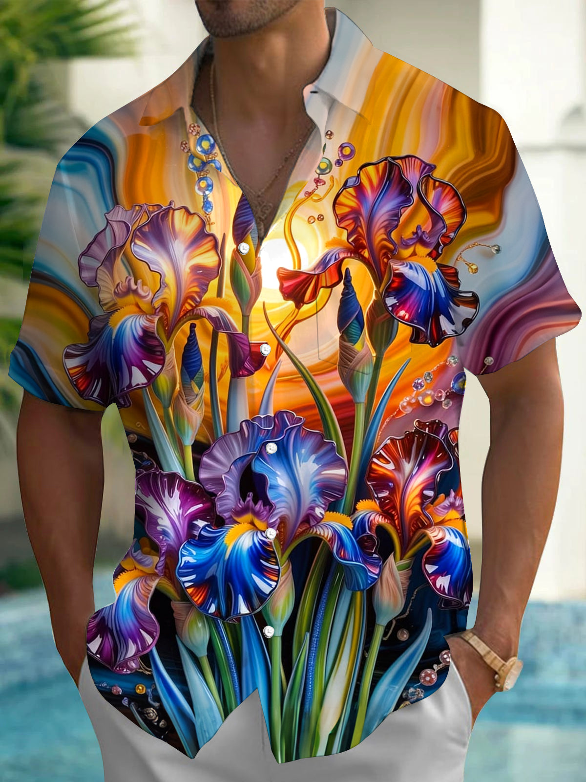 Adaychic Men's Iris Flower Print Short Sleeve Button Down Shirt with Chest Pocket