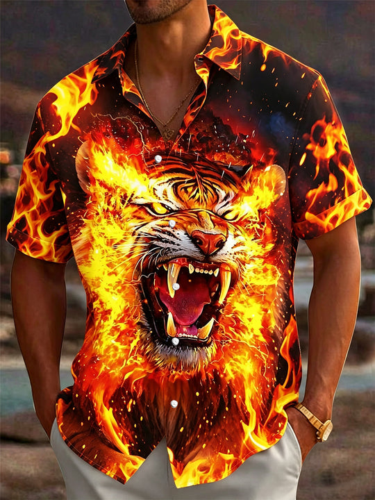 Flame Tiger Print Men's Pocket Short Sleeve Shirts