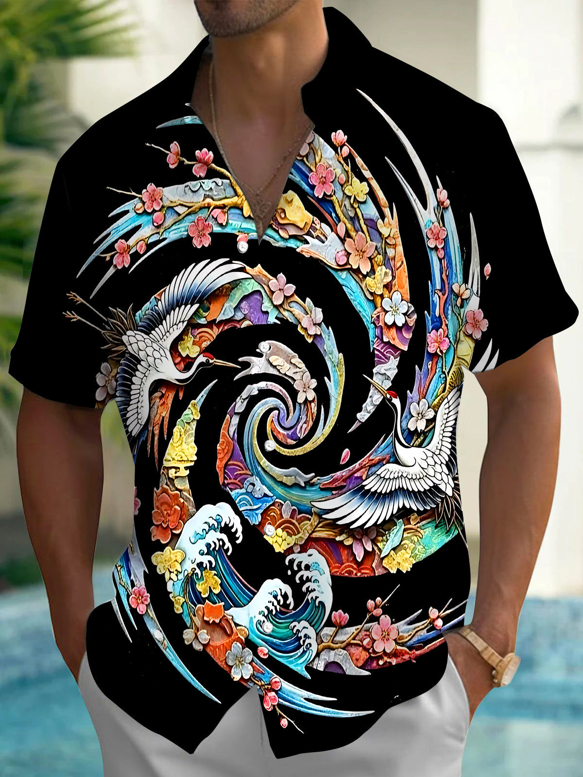 Adaychic Men's Cranes Floral Swirl Print Short Sleeve Button Down Shirt with Chest Pocket