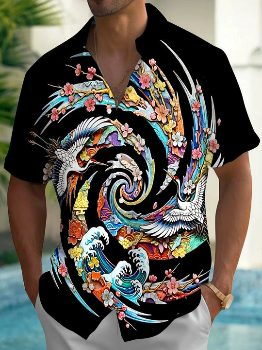 Crane Wave Floral Print Men's Pocket Short Sleeve Shirts