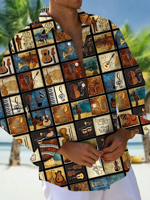 Vintage Musical Instrument Print Men's Pocket Long Sleeve Shirts