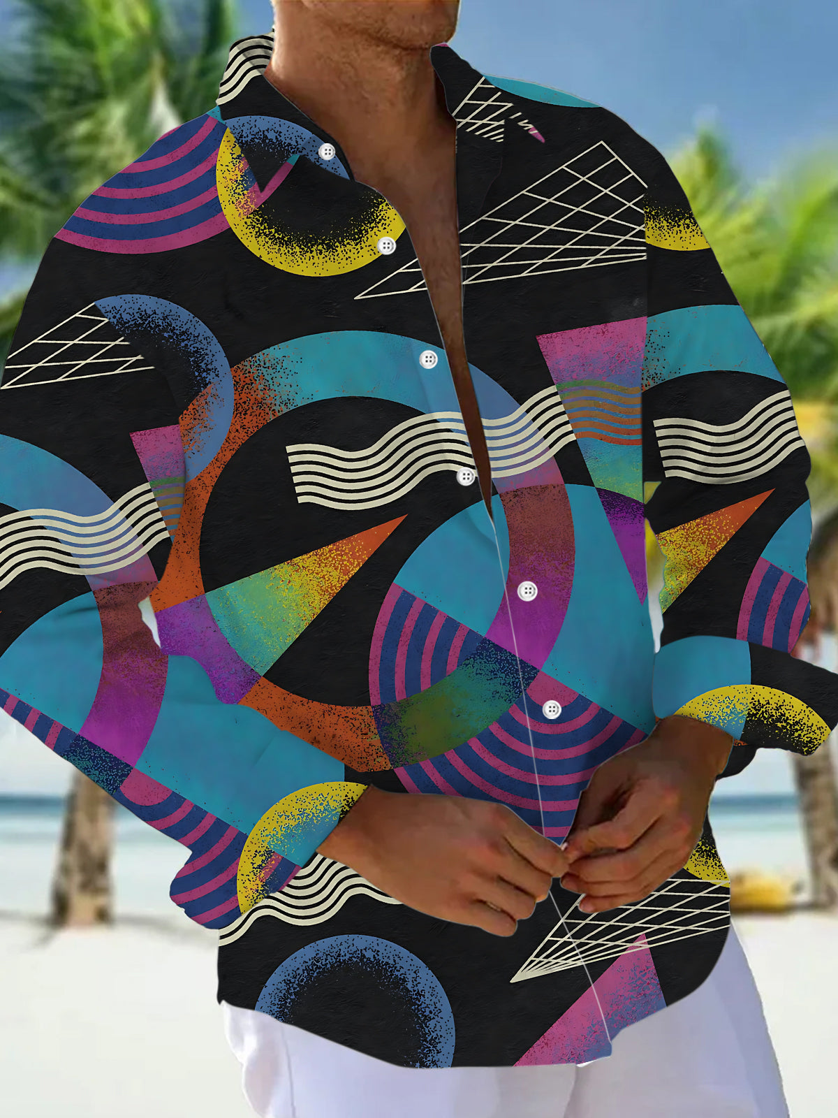 Adaychic Men's Geometric Abstract Swirls Print Long Sleeve Button Down Shirt with Chest Pocket
