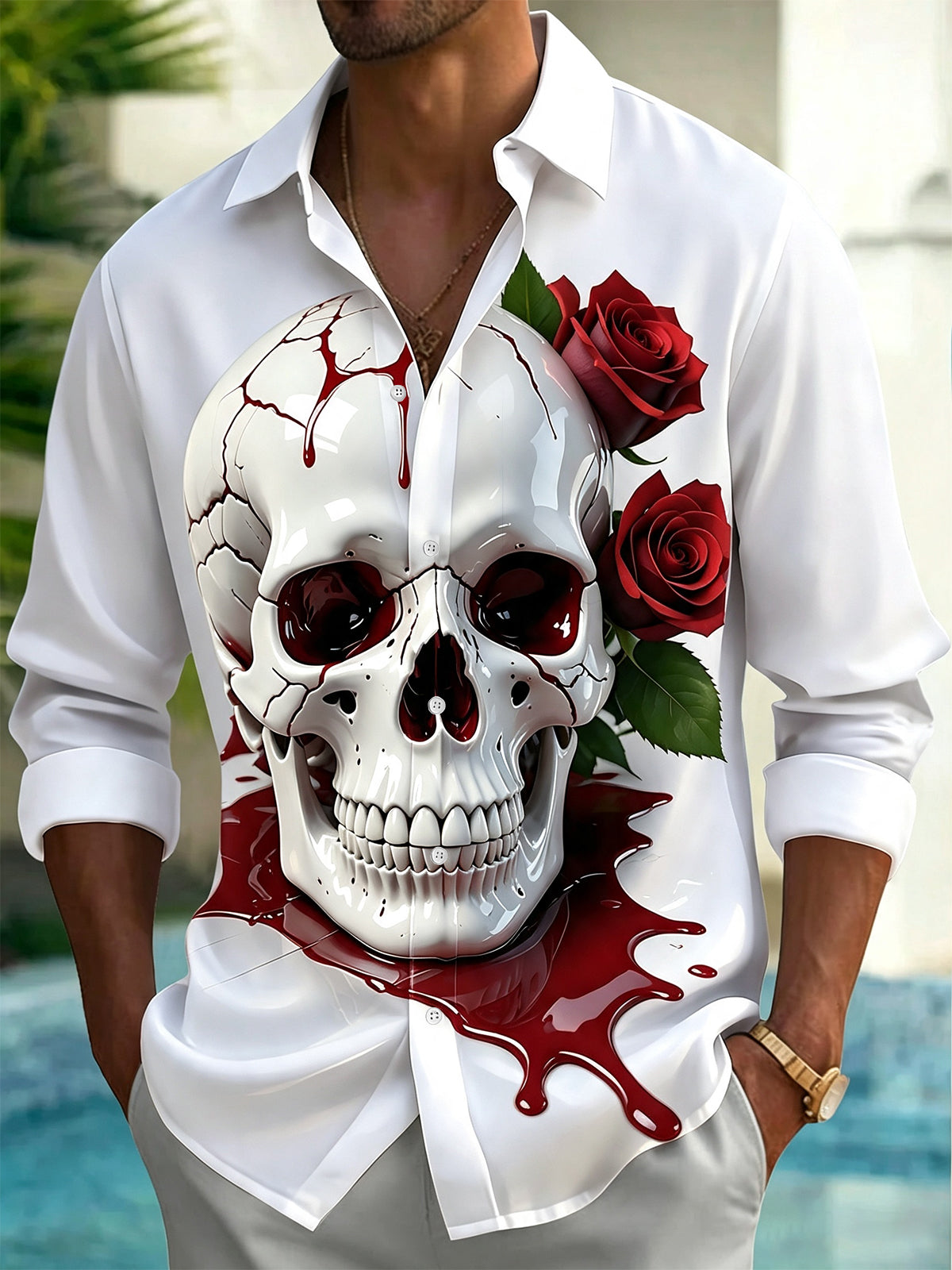 Adaychic Men's Floral Skull Roses Print Long Sleeve Button Down Shirt with Chest Pocket