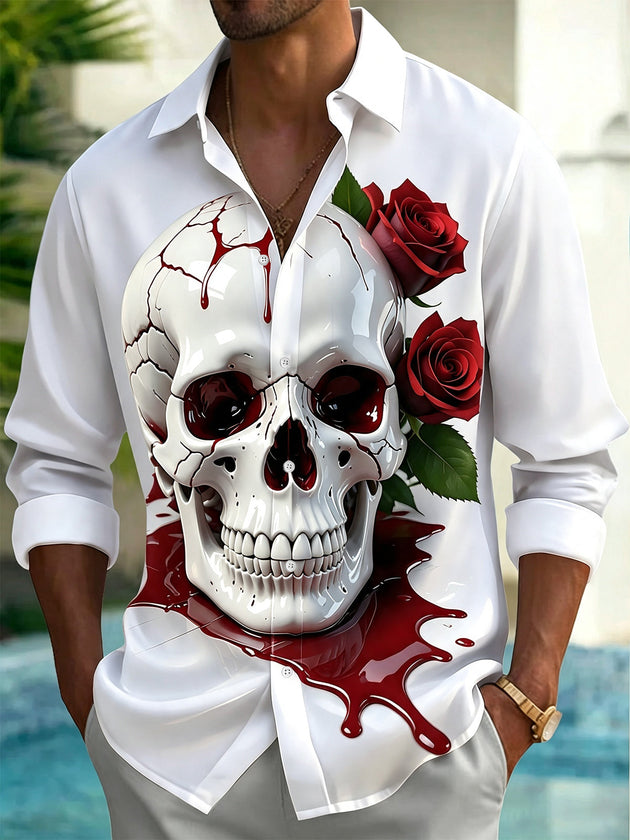 Blood Skull Red Rose Print Men's Pocket Long Sleeve Shirts