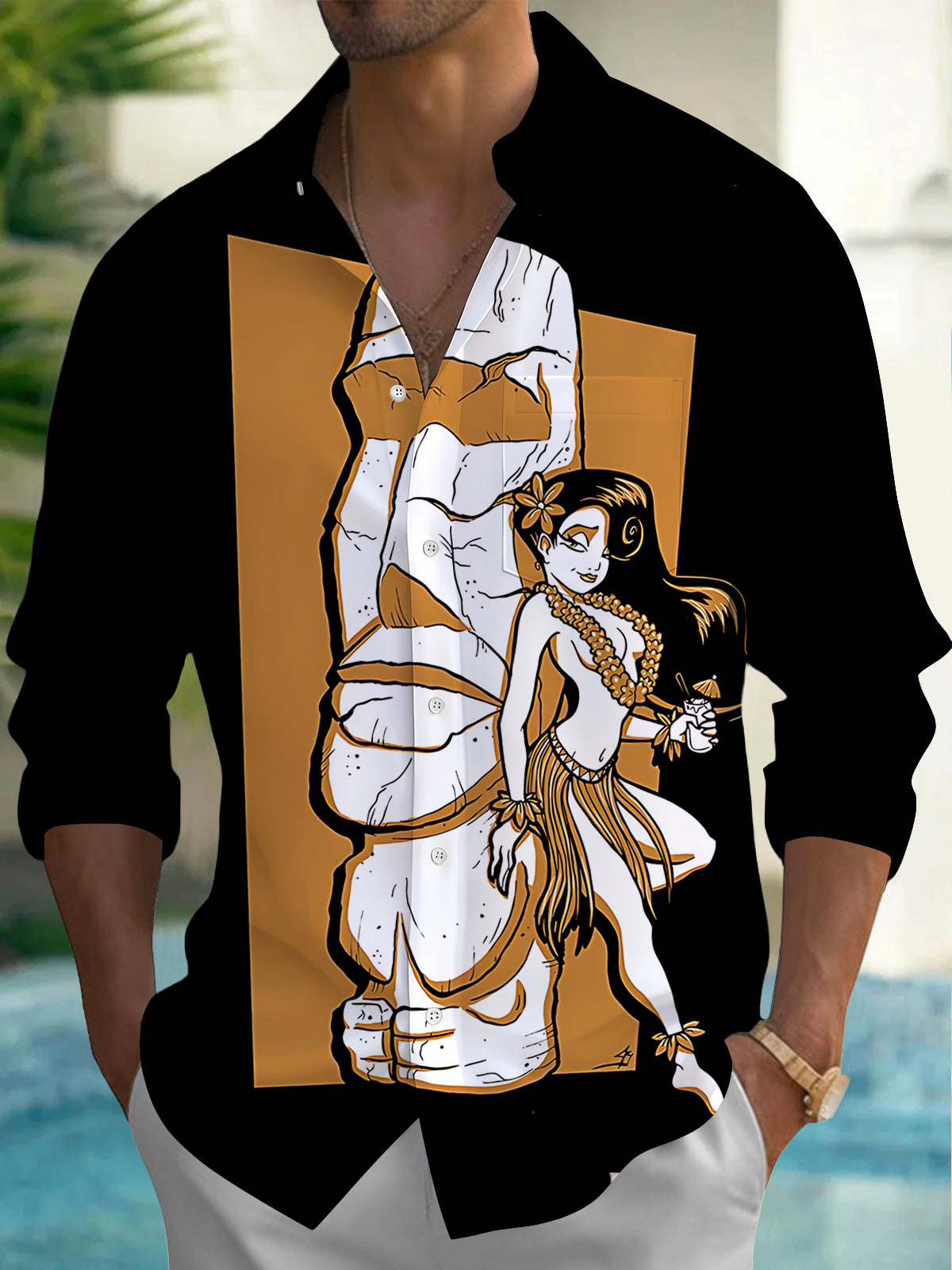 Adaychic Men's Tropical Tiki Woman Print Long Sleeve Button Down Shirt with Chest Pocket