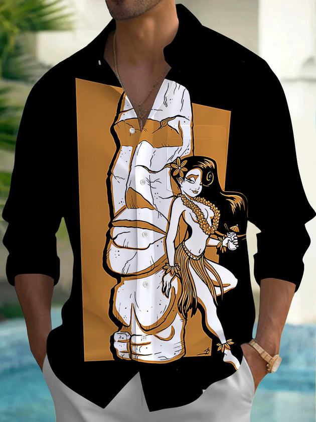Hawaiian Tiki Hula Girl Print Men's Pocket Long Sleeve Shirts
