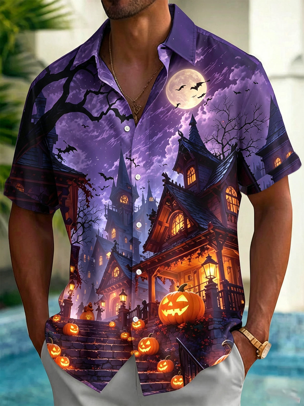 Adaychic Men's Graphic Haunted Castle Scene Print Short Sleeve Shirt with Chest Pocket