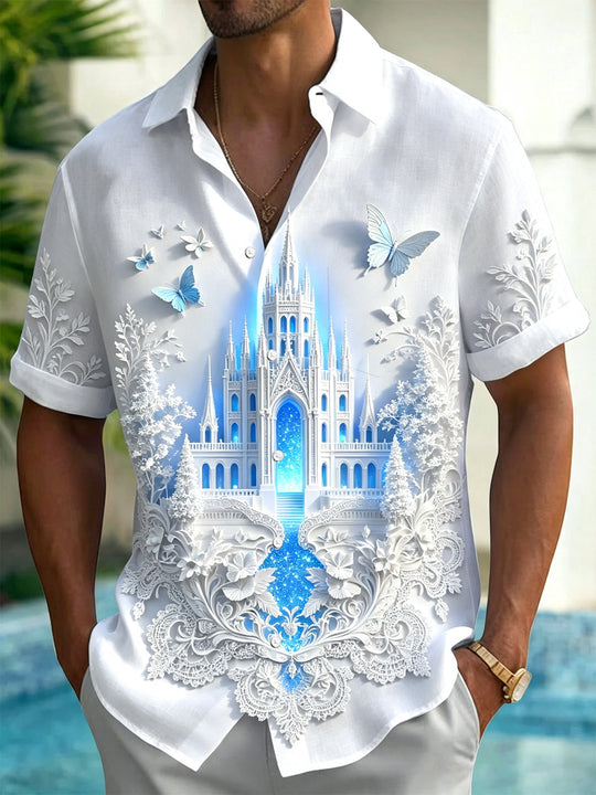 Castle Butterfly Floral Print Men's Pocket Short Sleeve Shirts