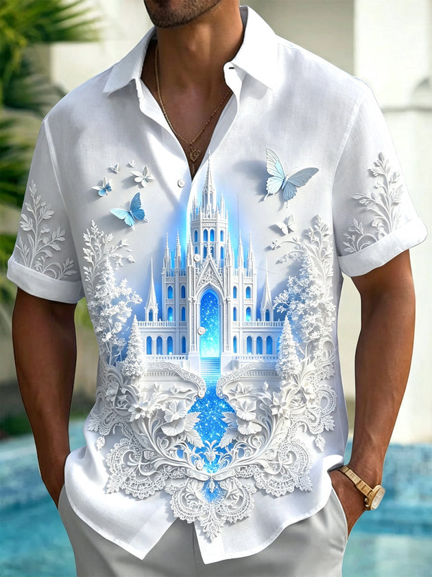 Castle Butterfly Floral Print Men's Pocket Short Sleeve Shirts