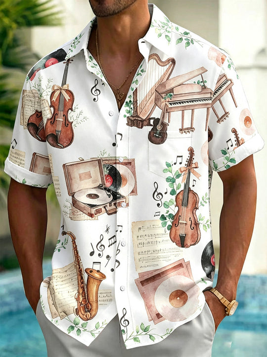 Vintage Musical Instruments Violin Piano Harp Saxophone Print Men's Pocket Short Sleeve Shirts