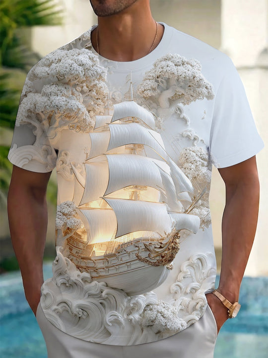 Sailboat Pine Tree Print Men's Short Sleeve Round Neck T-shirt